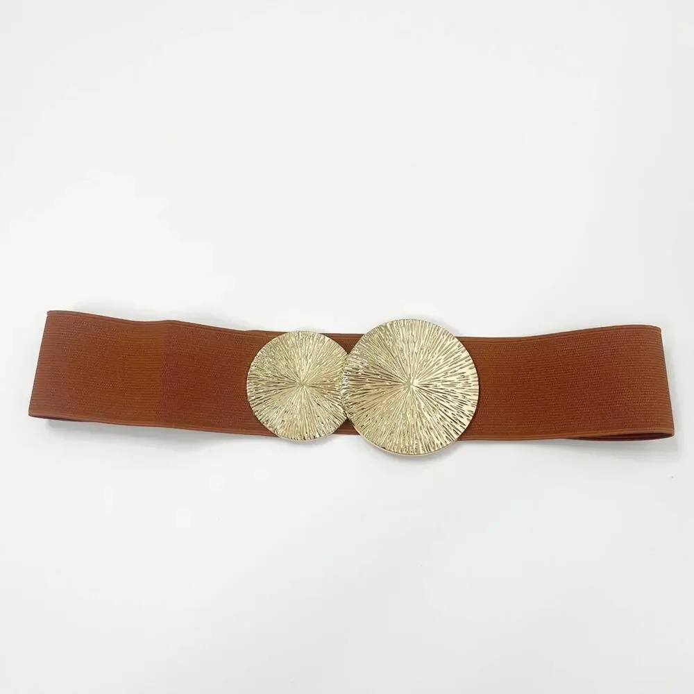 2/$30 NEW Elastic Wide Corset Safe Waist Belt Metallic Snap Buckle Brown Cinch…